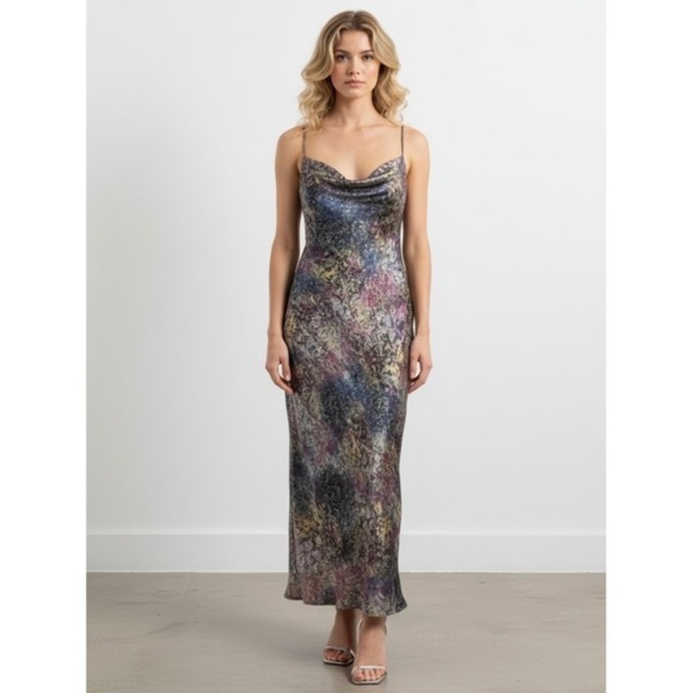 Steve Madden Blue and Purple Abstract Spaghetti Strap Maxi Slip Dress